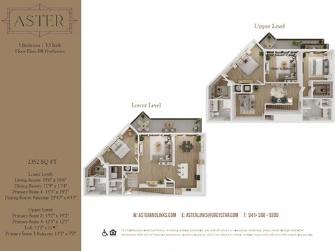Floor plan for 3 beds, 3.5 baths, 2352 sqft